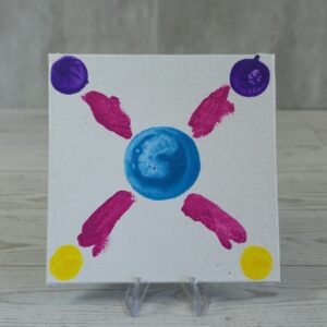 Original 5x5 inch square abstract fluid painting on white canvas panel featuring a bright turquoise circle in the center, flanked by magenta diagonal brush strokes, purple circles at top corners, and yellow circles at bottom corners, displayed on a clear plastic stand.