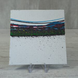 20260914_132629 Original 5x5 inch square abstract painting on canvas panel featuring a horizontal stripe of turquoise blue, magenta pink, and textured dark green paint across a white background with subtle dark paint splatters, shown on a clear plastic stand.