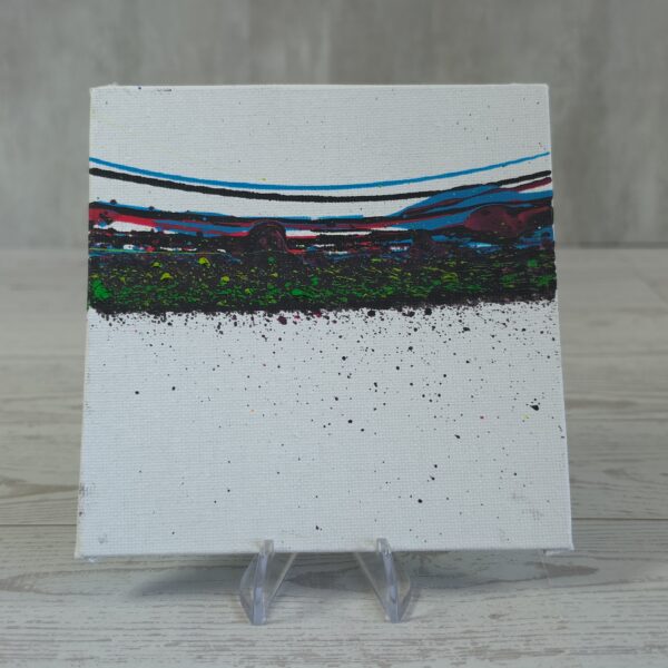 20260914_132629 Original 5x5 inch square abstract painting on canvas panel featuring a horizontal stripe of turquoise blue, magenta pink, and textured dark green paint across a white background with subtle dark paint splatters, shown on a clear plastic stand.