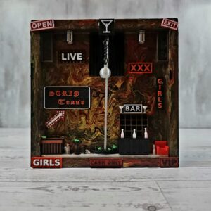 Strip Tease miniature strip club shadow box, red black and gold acrylic pour, front view