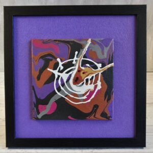 Framed acrylic pour painting, purple copper and black abstract with raised white swirl lines, 5x5 canvas on purple felt in black wood-grain frame, front view