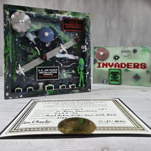 20261022_053720 Invaders shadow box set, black green and blue acrylic pour, with canvas and certificate of authenticity, angled front view