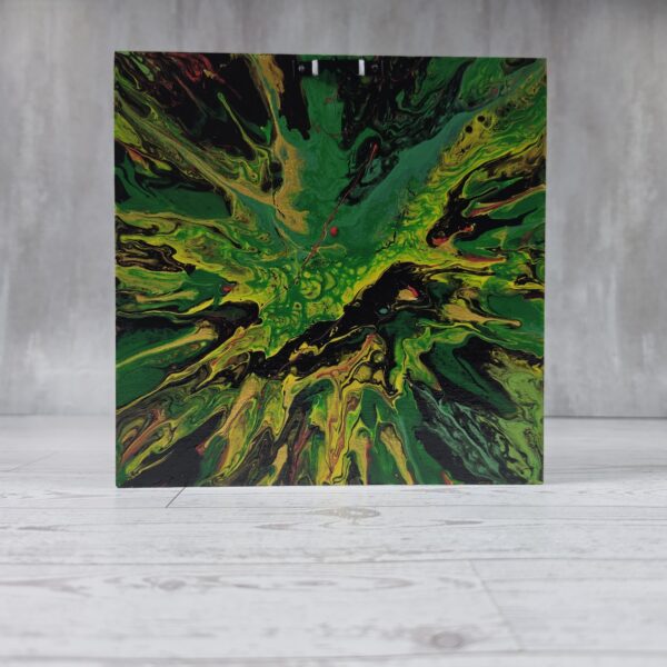 20261022_054348 Invaders shadow box, green black and gold acrylic pour back with hanger, back view