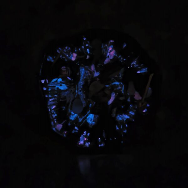 Acrylic pour shadow box, blue and purple glow, miniature dig site scene, glow-in-the-dark view