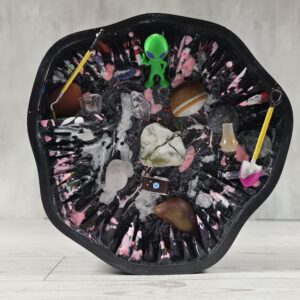 Acrylic pour shadow box, black white and pink, miniature dig site scene, front view