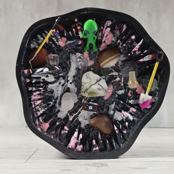 Acrylic pour shadow box, black white and pink, miniature dig site scene, front view